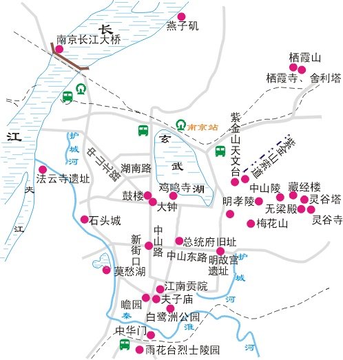 南京旅游地图 南京景点示意图 南京旅游景点分布地图