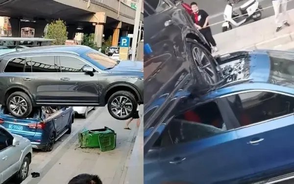 女子倒车不当悬空压在路边车顶，在路边倒车顶了别人车！责任如何定？