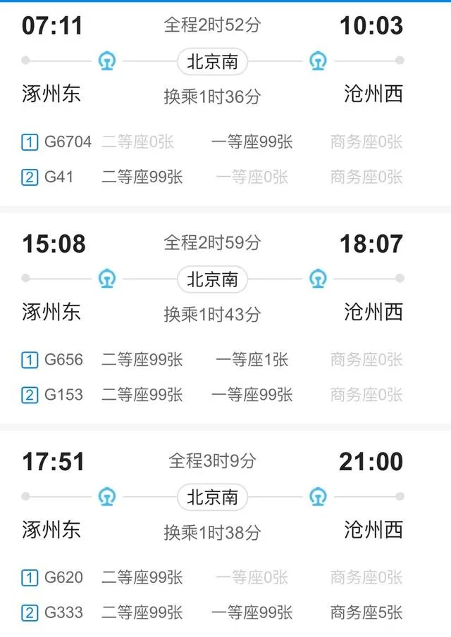 涿州到沧州火车站列车时刻表？