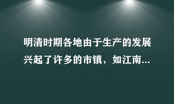 明清时期各地由于生产的发展兴起了许多的市镇，如江南的盛泽镇、濮院镇、王江泾镇、枫泾镇，广东的佛山镇，江西的景德镇等，都是以商品生产而闻名的。材料所反映的我国古代经济现象是（　　）A. 长途贩运的发展B. 商人地位的提高C. “商帮”的出现D. 商业城镇的繁荣