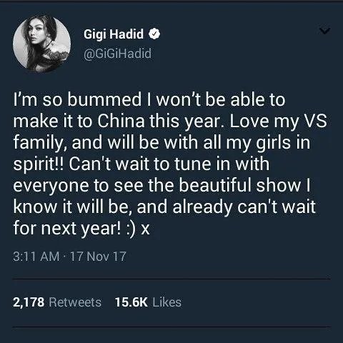 #维密大秀#gigi缺席了2017年上海维密秀，你怎么看？