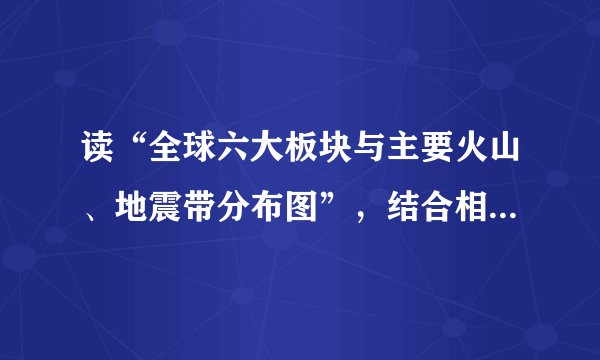 读“全球六大板块与主要火山、地震带分布图”，结合相关知识回答各小题北冰洋美'欧亚板块洲大太平泽`板块平洋赤道板-西板块_印度`洋~板~块]离闻归线洋洋-板块边界∵火山地震带∵小板块 1.澳大利亚大陆位于A．美洲板块 B．欧亚板块C．印度洋板块D．南极洲板块2.世界上的火山、地震集中分布在A．板块交界的地带B．板块内部C．大陆内部  D．海洋中
