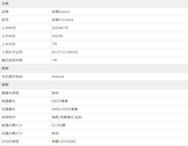 荣耀x10 max 参数