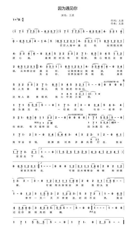 王源编的《因为遇见你》歌词是什么?