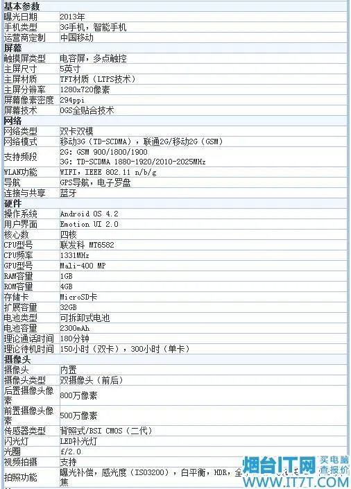 华为荣耀3C的配置参数