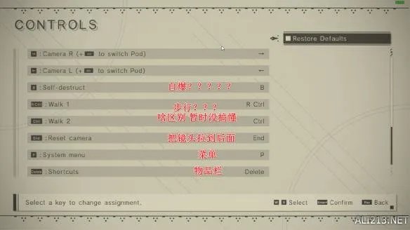 《尼尔：机械纪元》按键修改界面中英文对照一览
