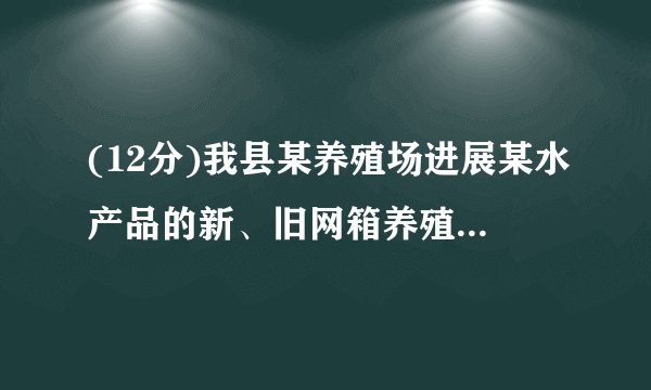 (12分)我县某养殖场进展某水产品的新、旧网箱养殖方法的产量比照,收获时各随机抽取了100个网箱,测量各箱水产品的产量〔单位:kg〕,其频率分布直方图如下:(1)记A表示事件“旧养殖法的箱产量低于50kg〞,估计A的概率;(2)填写上下面列联表,并根据列联表判断是否有99%的把握认为箱产量与养殖方法有关.箱产量＜50kg箱产量≥50kg旧养殖法新养殖法附:P〔〕k