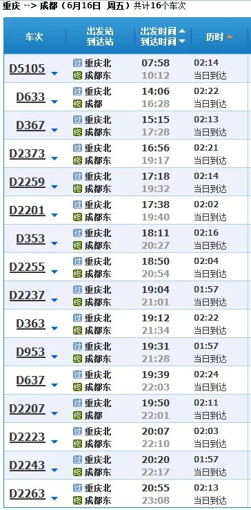 重庆到成都动车时刻表